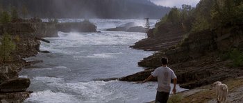 Movie still from “The River Wild” (1994), directed by Curtis Hanson – A man standing on the shore of a body of water; Extreme Wide shot, High angle