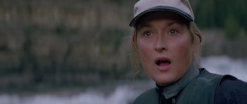 Movie still from “The River Wild” (1994), directed by Curtis Hanson – A person wearing a hat; Close Up shot, Low angle