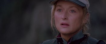 Movie still from “The River Wild” (1994), directed by Curtis Hanson – A person wearing a hat; Close Up shot, Over the shoulder angle