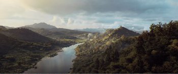 Movie still from “The Sacrifice” (2020), directed by Yang Lu – An aerial view of a river and a mountain range; Extreme Wide shot, High angle