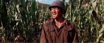 Movie still from “The Sacrifice” (2020), directed by Yang Lu – A man wearing a helmet standing next to a field; Close Up shot, Low angle