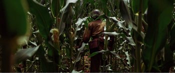 Movie still from “The Sacrifice” (2020), directed by Yang Lu – A man standing in a corn field looking at the plants; Wide shot, High angle
