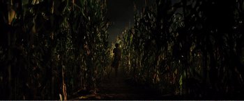 Movie still from “The Sacrifice” (2020), directed by Yang Lu – A person walking through a field of corn at night; Extreme Wide shot, High angle