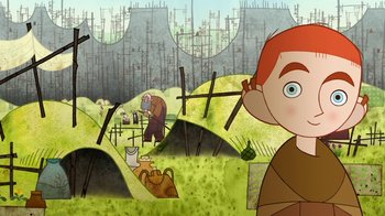 Movie still from “The Secret of Kells” (2009), directed by Nora Twomey – An illustration of a man and a woman in a field; Medium shot, Over the shoulder angle