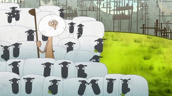Movie still from “The Secret of Kells” (2009), directed by Nora Twomey – A herd of sheep in a field; Wide shot, Overhead angle