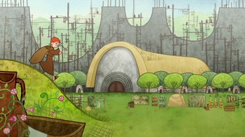 Movie still from “The Secret of Kells” (2009), directed by Nora Twomey – An illustration of an area with trees and buildings; Extreme Wide shot, Low angle