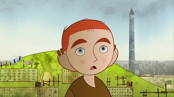 Movie still from “The Secret of Kells” (2009), directed by Nora Twomey – A cartoon of a boy with red hair looking surprised; Close Up shot, Over the shoulder angle
