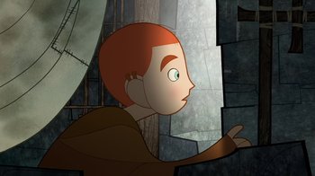 Movie still from “The Secret of Kells” (2009), directed by Nora Twomey – A boy with a red head is looking out a window; Close Up shot, Over the shoulder angle
