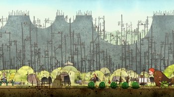 Movie still from “The Secret of Kells” (2009), directed by Nora Twomey – An illustration of an area with many tents and power lines; Extreme Wide shot, High angle