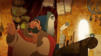 Movie still from “The Secret of Kells” (2009), directed by Nora Twomey – An animated picture of a man with a beard and a mustache; Medium shot, Over the shoulder angle