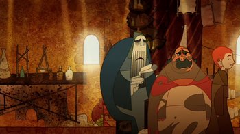 Movie still from “The Secret of Kells” (2009), directed by Nora Twomey – An animated scene of a wizard in a room; Medium shot, Low angle
