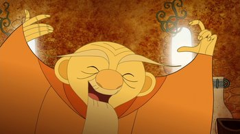Movie still from “The Secret of Kells” (2009), directed by Nora Twomey – An animated picture of an old man with a goofy face; Close Up shot, Low angle