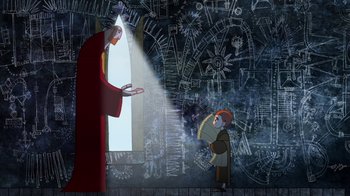 Movie still from “The Secret of Kells” (2009), directed by Nora Twomey – An animated scene of a man and a child; Wide shot, Over the shoulder angle