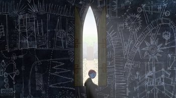 Movie still from “The Secret of Kells” (2009), directed by Nora Twomey – A man standing in front of a window with a drawing of a city in the background; Wide shot, Overhead angle