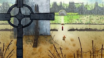 Movie still from “The Secret of Kells” (2009), directed by Nora Twomey – An artistic painting of a man walking through a field; Extreme Wide shot, Overhead angle