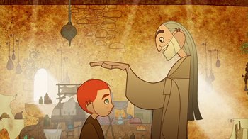 Movie still from “The Secret of Kells” (2009), directed by Nora Twomey – An animated scene of a man and a boy; Medium shot, Over the shoulder angle
