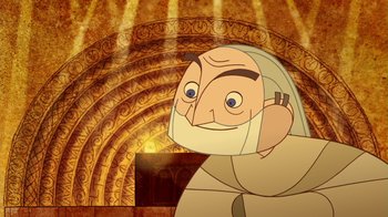 Movie still from “The Secret of Kells” (2009), directed by Nora Twomey – An animated picture of an old man with a white beard; Close Up shot, Low angle