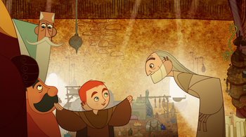 Movie still from “The Secret of Kells” (2009), directed by Nora Twomey – An animated scene of a boy and a man in a room; Medium shot, Over the shoulder angle
