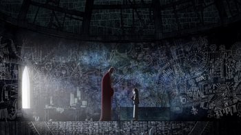 Movie still from “The Secret of Kells” (2009), directed by Nora Twomey – Two people standing in front of a wall with graffiti on it; Extreme Wide shot, Over the shoulder angle