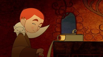 Movie still from “The Secret of Kells” (2009), directed by Nora Twomey – An animated picture of a man looking at a sink; Medium shot, Over the shoulder angle