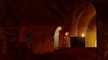 Movie still from “The Secret of Kells” (2009), directed by Nora Twomey – An animated scene of a woman and a child; Wide shot, High angle