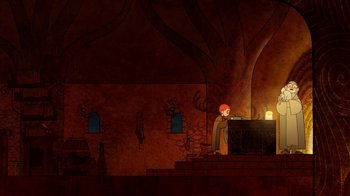 Movie still from “The Secret of Kells” (2009), directed by Nora Twomey – An illustration of a man standing in front of a fireplace; Extreme Wide shot, High angle