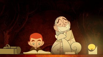 Movie still from “The Secret of Kells” (2009), directed by Nora Twomey – An illustration of a boy reading a book next to an old man; Medium shot, High angle