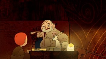 Movie still from “The Secret of Kells” (2009), directed by Nora Twomey – An old man is brushing his teeth in the dark; Medium shot, Over the shoulder angle