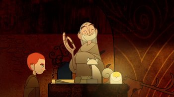 Movie still from “The Secret of Kells” (2009), directed by Nora Twomey – An animated picture of an old man holding a cat; Medium shot, Over the shoulder angle
