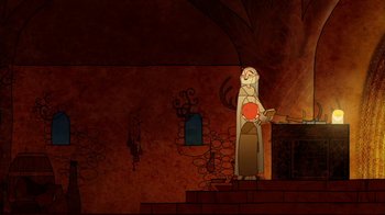 Movie still from “The Secret of Kells” (2009), directed by Nora Twomey – An animated picture of a person standing in front of a building; Wide shot, Low angle