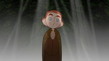 Movie still from “The Secret of Kells” (2009), directed by Nora Twomey – A cartoon of a man in a brown robe with trees in the background; Close Up shot, High angle