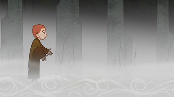 Movie still from “The Secret of Kells” (2009), directed by Nora Twomey – An animated scene of a boy in a forest; Wide shot, Over the shoulder angle