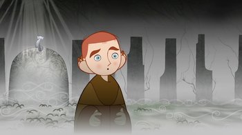 Movie still from “The Secret of Kells” (2009), directed by Nora Twomey – A cartoon of a man with a red hair and a brown shirt; Medium shot, Over the shoulder angle