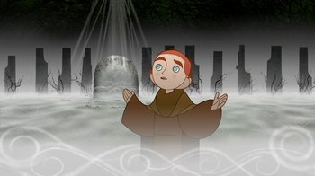 Movie still from “The Secret of Kells” (2009), directed by Nora Twomey – An animated picture of a woman in a brown robe in front of a cemetery; Medium shot, High angle