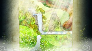 Movie still from “The Secret of Kells” (2009), directed by Nora Twomey – An illustration of a castle and a bridge in a forest; Extreme Wide shot, Low angle