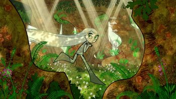 Movie still from “The Secret of Kells” (2009), directed by Nora Twomey – An illustration of a woman with a long white hair; Wide shot, Low angle