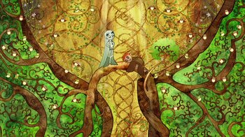 Movie still from “The Secret of Kells” (2009), directed by Nora Twomey – An illustration of a tree with a person sitting on the top of it; Wide shot, Overhead angle