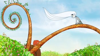 Movie still from “The Secret of Kells” (2009), directed by Nora Twomey – An illustration of a man and a woman on a tree branch; Wide shot, Over the shoulder angle