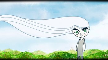 Movie still from “The Secret of Kells” (2009), directed by Nora Twomey – An animated picture of a girl with long white hair; Medium shot, Low angle