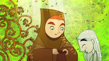 Movie still from “The Secret of Kells” (2009), directed by Nora Twomey – An illustration of a woman in a brown robe; Medium shot, Over the shoulder angle