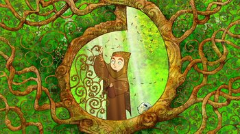 Movie still from “The Secret of Kells” (2009), directed by Nora Twomey – A painting of a monk in a tree; Wide shot, Overhead angle