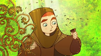Movie still from “The Secret of Kells” (2009), directed by Nora Twomey – An animated picture of a woman holding a vase; Close Up shot, Overhead angle