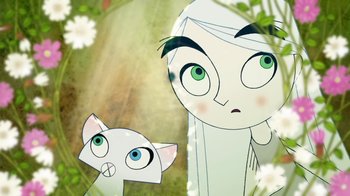 Movie still from “The Secret of Kells” (2009), directed by Nora Twomey – A paper cut out of a cat and a woman; Close Up shot, Over the shoulder angle