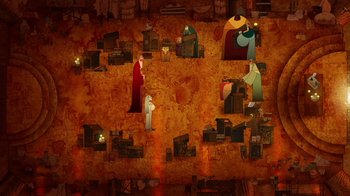 Movie still from “The Secret of Kells” (2009), directed by Nora Twomey – An illustration of a group of people standing in a room; Extreme Wide shot, Overhead angle