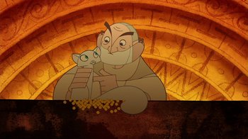 Movie still from “The Secret of Kells” (2009), directed by Nora Twomey – An old man holding a cat in front of an oven; Close Up shot, Low angle