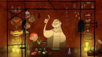 Movie still from “The Secret of Kells” (2009), directed by Nora Twomey – An animated picture of a man and a boy in a kitchen; Medium shot, Low angle