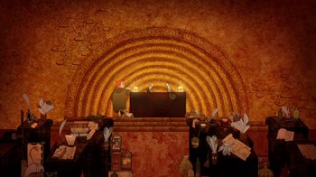 Movie still from “The Secret of Kells” (2009), directed by Nora Twomey – An image of a man standing in front of an audience; Wide shot, Overhead angle