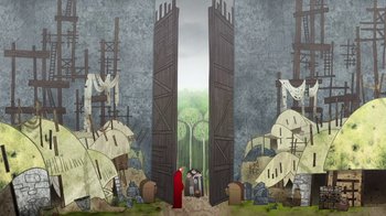 Movie still from “The Secret of Kells” (2009), directed by Nora Twomey – Two people standing in front of an open gate; Extreme Wide shot, Low angle