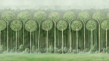 Movie still from “The Secret of Kells” (2009), directed by Nora Twomey – A painting of a row of trees in a field; Extreme Wide shot, Low angle