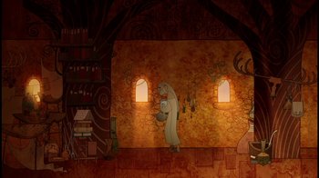 Movie still from “The Secret of Kells” (2009), directed by Nora Twomey – An illustration of a man holding a cup in a room; Wide shot, Low angle